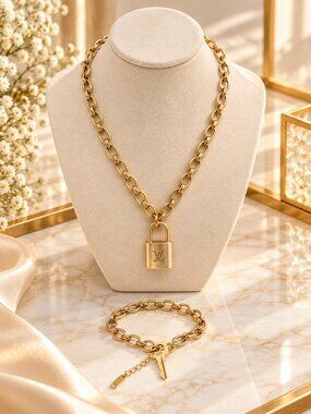 Stainless Steel 18k Gold Plated Necklace+ Bracelet w/Auth Louis Vuitton Padlock